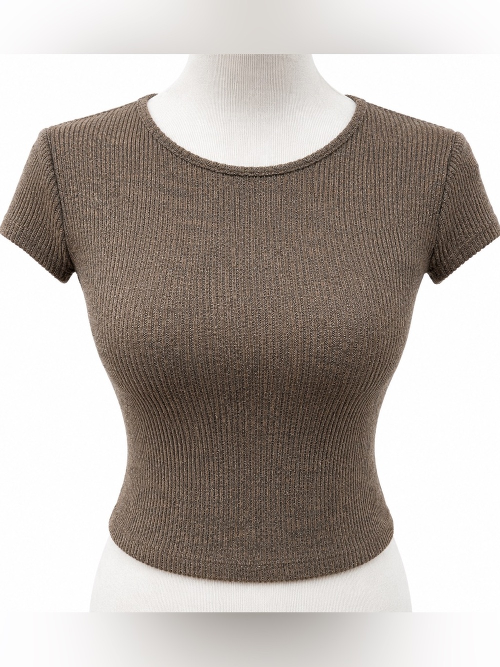 Frankee & Skylarr Ribbed Short-Sleeve Crop Top in Heather Brown XS